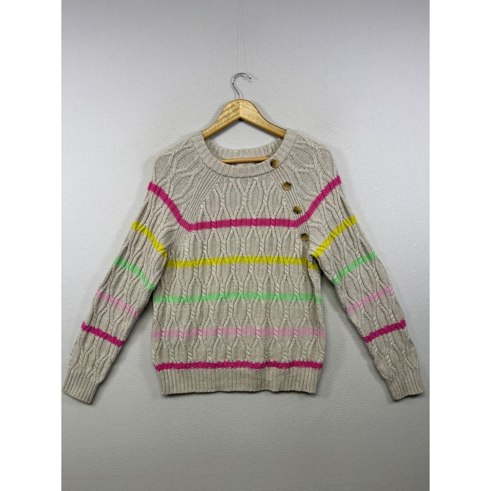 St. John's Bay Striped Cable Knit Preppy Womens L Beige Neon Button Sweater